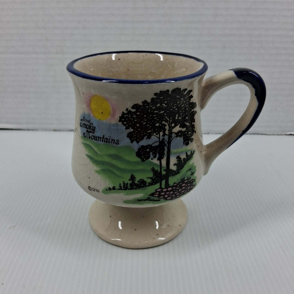 GFNI Great Smoky Mountains Footed‎ Mug Vintage Crackle Glaze Souvenir Blue Rim